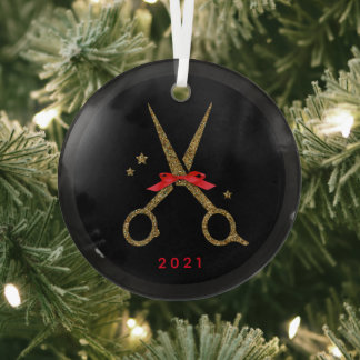 Hair dresser stylist Golden glitter scissors Metal Glass Tree Decoration