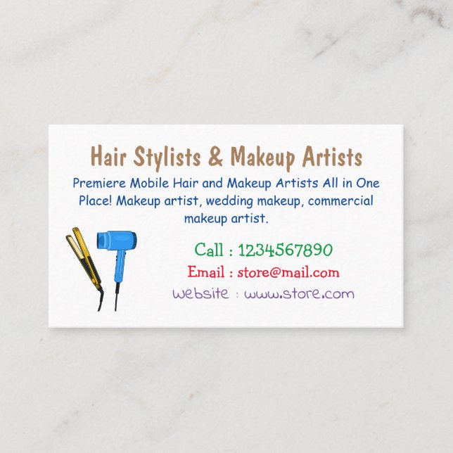 Hair dryer & hair straightener illustration business card (Front)