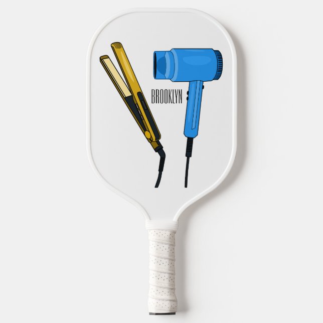 Hair dryer & hair straightener illustration pickleball paddle (Front)