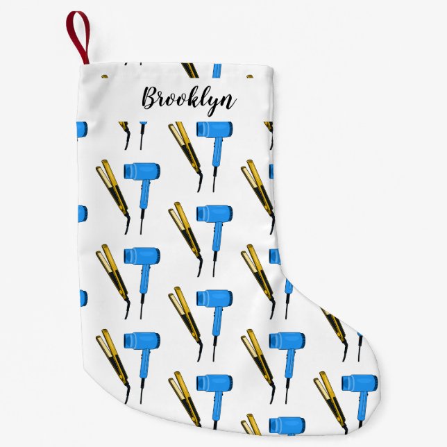 Hair dryer & hair straightener illustration small christmas stocking (Front)
