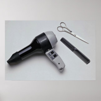 Hair dryer with scissors and comb poster