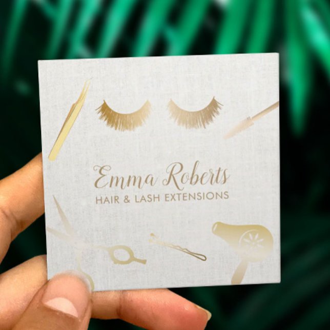 Hair & Eyelash Extensions Makeup Artist Linen Square Business Card (Creator Uploaded)