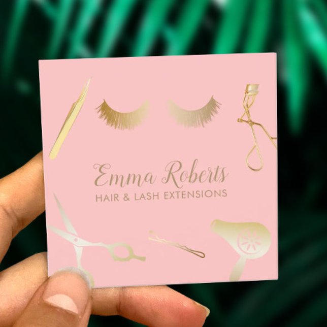 Hair & Eyelash Extensions Modern Blush Pink & Gold Square Business Card (Creator Uploaded)