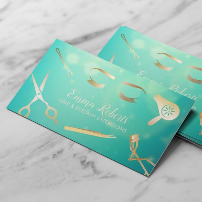 Hair & Eyelash Extensions Modern Gold & Teal Salon Business Card (Creator Uploaded)