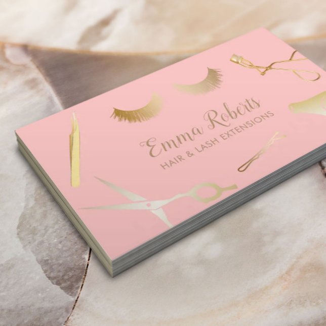Hair & Eyelash Extensions Salon Blush Pink & Gold Business Card (Creator Uploaded)