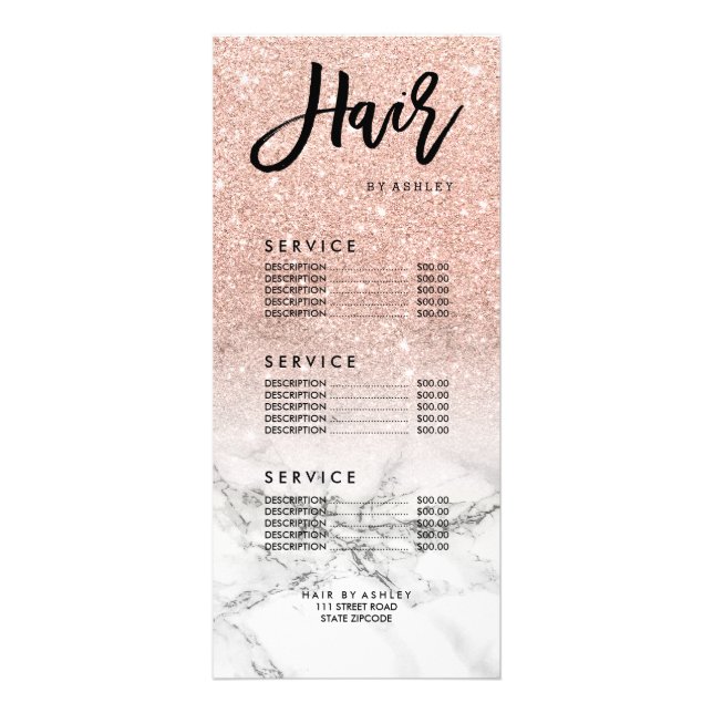 Hair faux rose pink glitter marble price list rack card (Front)
