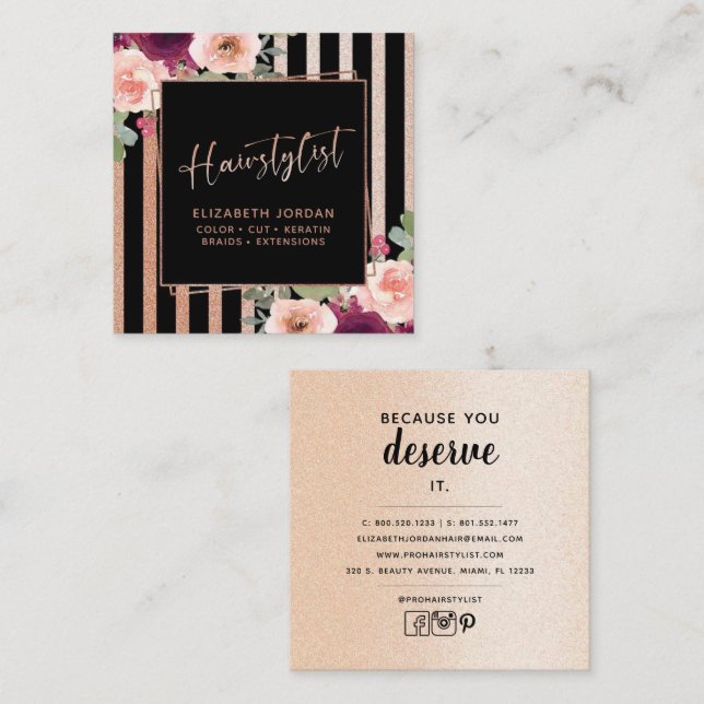 Hair Floral Black Rose Gold Square Business Card (Front/Back)