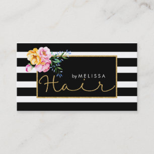 Hair Gold Glitter Text Black & White Stripes Business Card