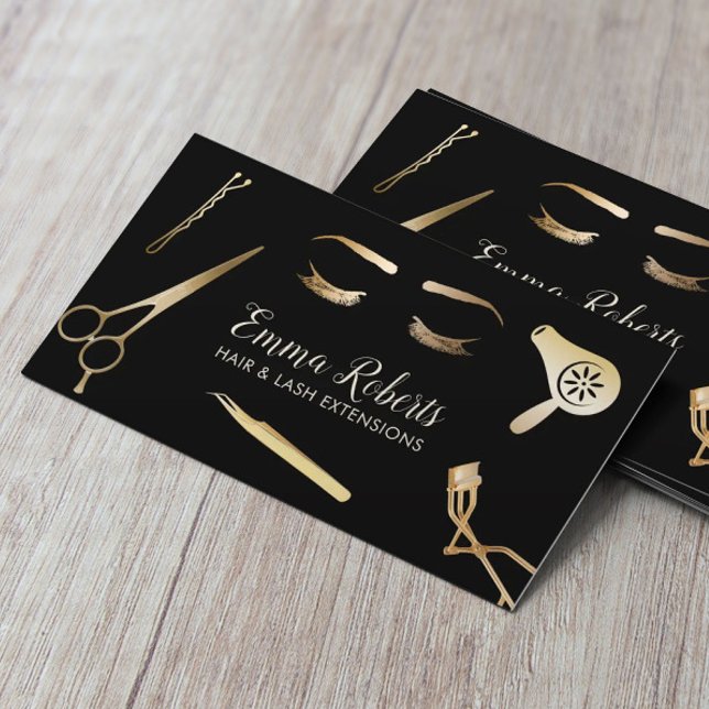 Hair & Lash Extensions Modern Black & Gold Business Card (Creator Uploaded)