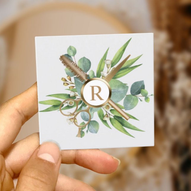Hair & Lashes Salon Botanical Gold Monogram Square Business Card (Creator Uploaded)