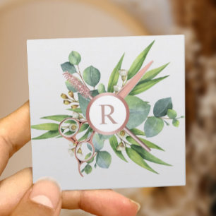 Hair & Lashes Salon Botanical Rose Gold Monogram Square Business Card