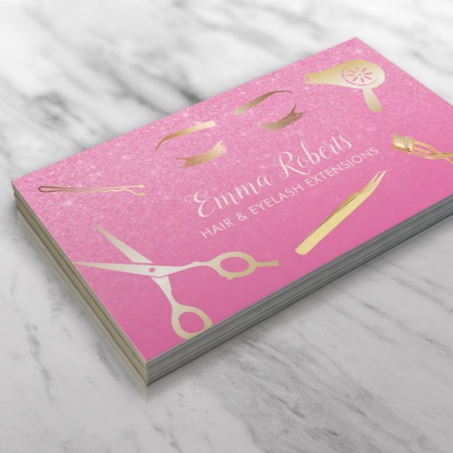 Hair & Lashes Salon Modern Gold & Pink Glitter Business Card (Creator Uploaded)