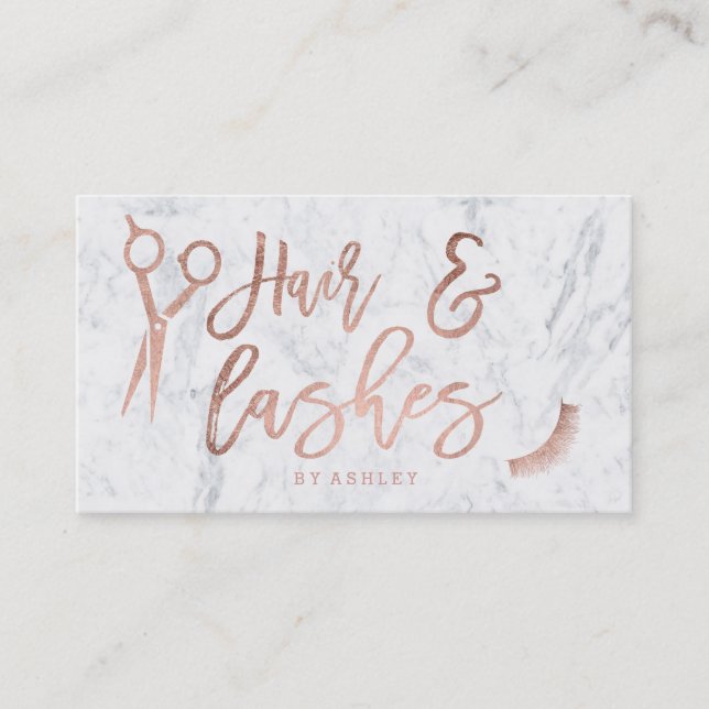 Hair lashes script rose gold typography marble 2 business card (Front)