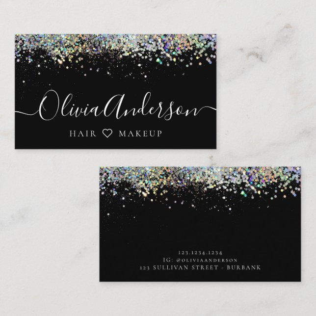 Hair Makeup Artist Black Holographic Glitter Business Card (Front/Back)