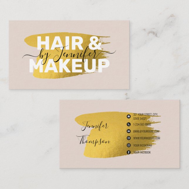 Hair & Makeup Artist Gold Social Media Icons Business Card (Front/Back)