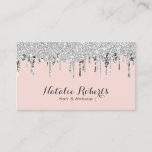 Hair & Makeup Artist Silver Glitter Drips Blush Business Card