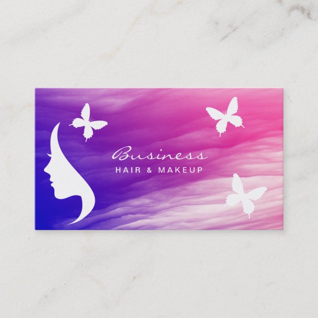 Hair & Makeup Girl Modern Butterflies Beauty Salon Business Card (Front)
