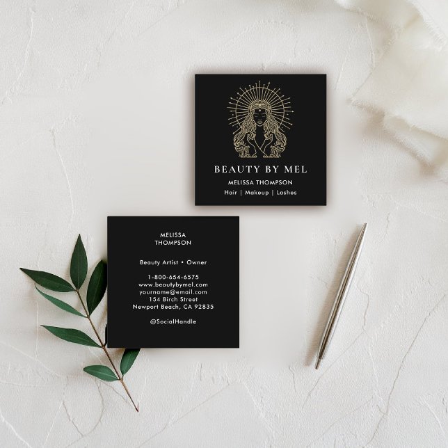 Hair Makeup Nails Lashes Tarot Goddess Black White Square Business Card (hair salon business card mystical tarot celestial beauty makeup nails lashes stylist beauty wellness)