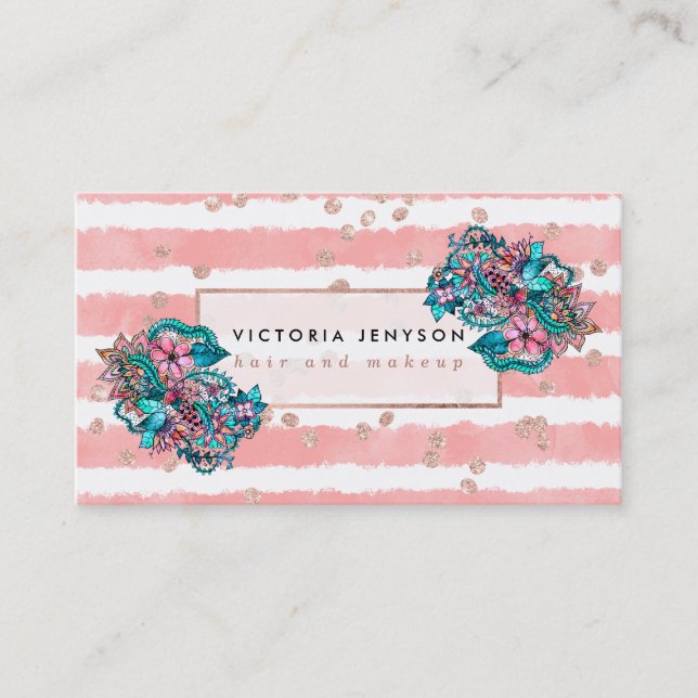 Hair makeup rose gold confetti floral pink stripes business card (Front)
