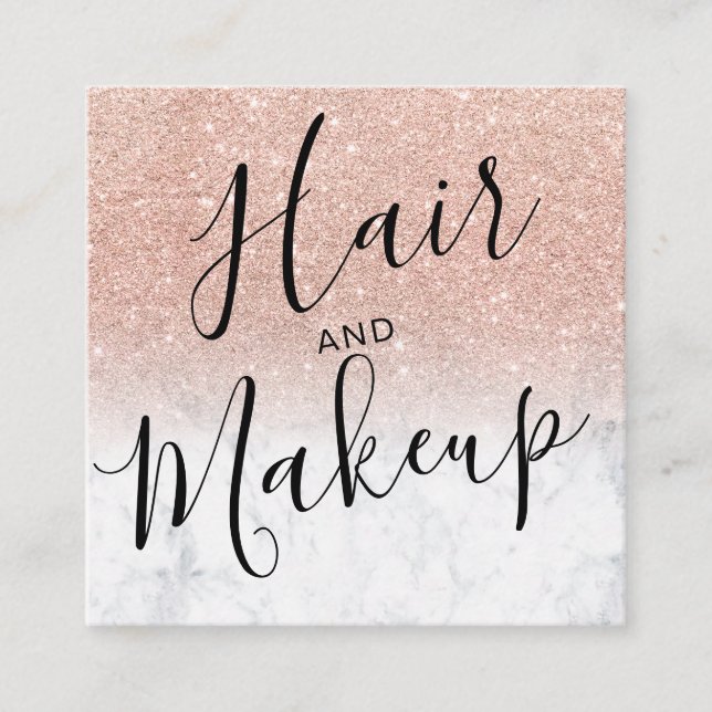 hair makeup rose gold glitter marble social media square business card (Front)