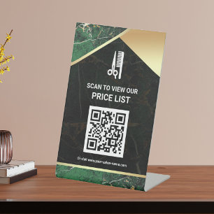 Hair Makeup Salon QR Code Price List Green Marble Pedestal Sign