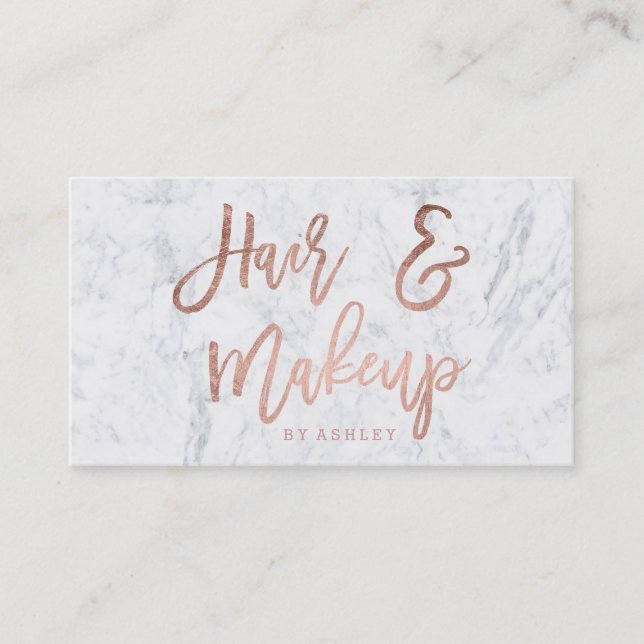 Hair Makeup script rose gold typography marble Business Card (Front)