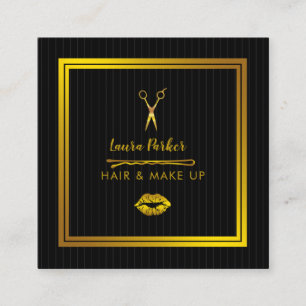 Hair Makeup Stylist Gold Faux Black Glitter Square Business Card