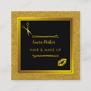 Hair Makeup Stylist Gold Faux Black Glitter Square Business Card