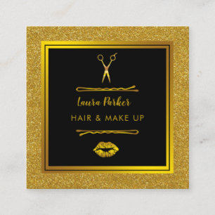 Hair Makeup Stylist Gold Faux Black Glitter Square Business Card