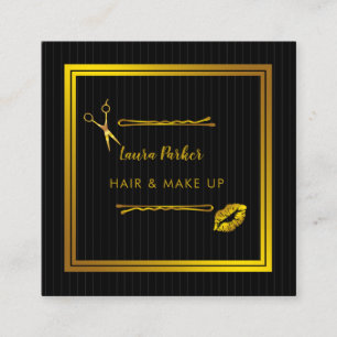 Hair Makeup Stylist Gold Faux Black Glitter Square Business Card