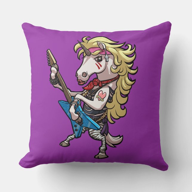 Hair Metal Glam Unicorn With Star Guitar Cartoon Cushion (Front)
