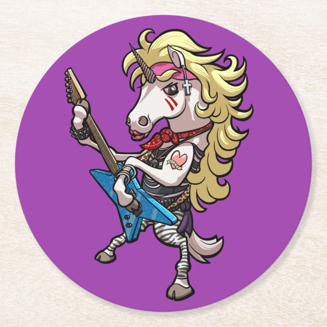 Hair Metal Glam Unicorn With Star Guitar Cartoon Round Paper Coaster (Front)