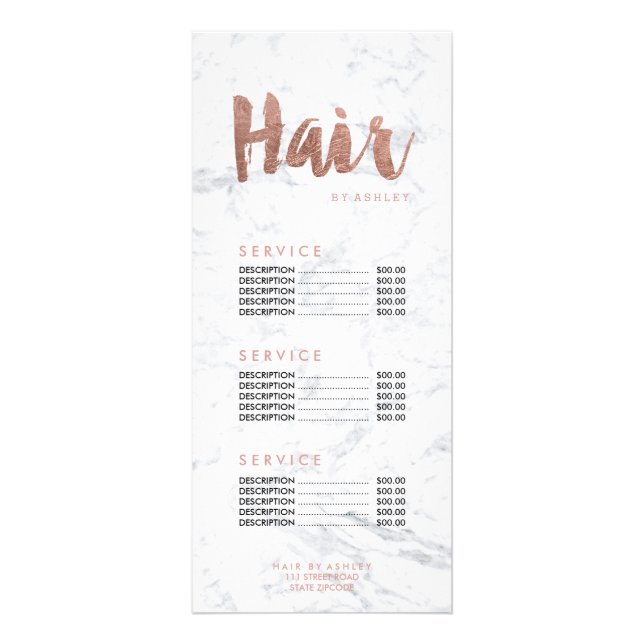 Hair modern gold typography marble price list rack card (Front)