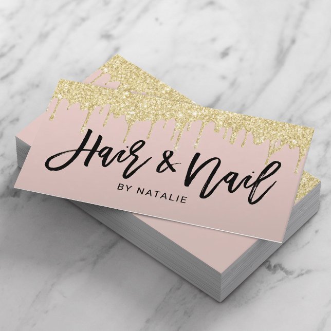 Hair & Nail Salon Gold Drips Blush Pink Typography Business Card (Creator Uploaded)
