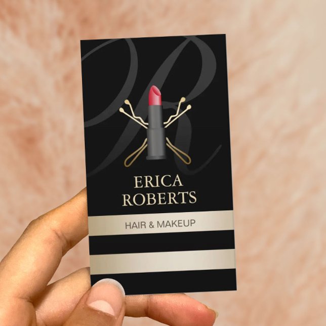 Hair Pins & Lipstick Gold Stripes Beauty Salon  Appointment Card (Creator Uploaded)