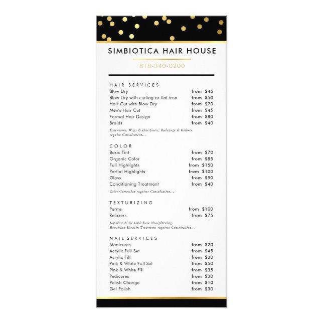 HAIR PRICE LIST modern glam polka dot gold black Rack Card (Front)