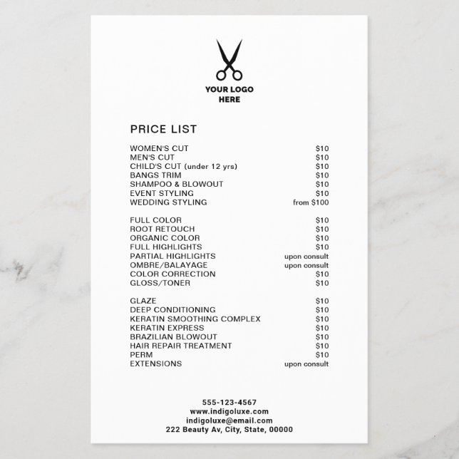 Hair Salon Add Your Logo Service Menu Price List (Front)