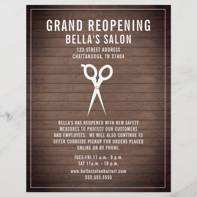Hair Salon Barber Grand Reopening Rustic Wood Flyer (Front)