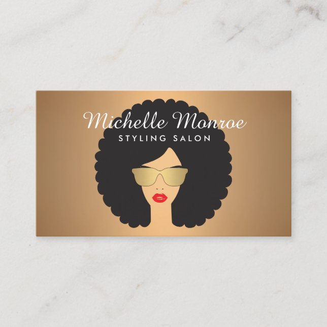 Hair Salon Beauty Girl with Afro on Rose Gold Business Card (Front)