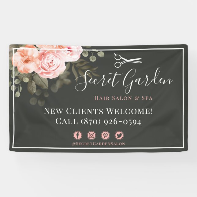 Hair Salon Beauty Stylist Elegant Floral Chic Rose Banner (Horizontal)