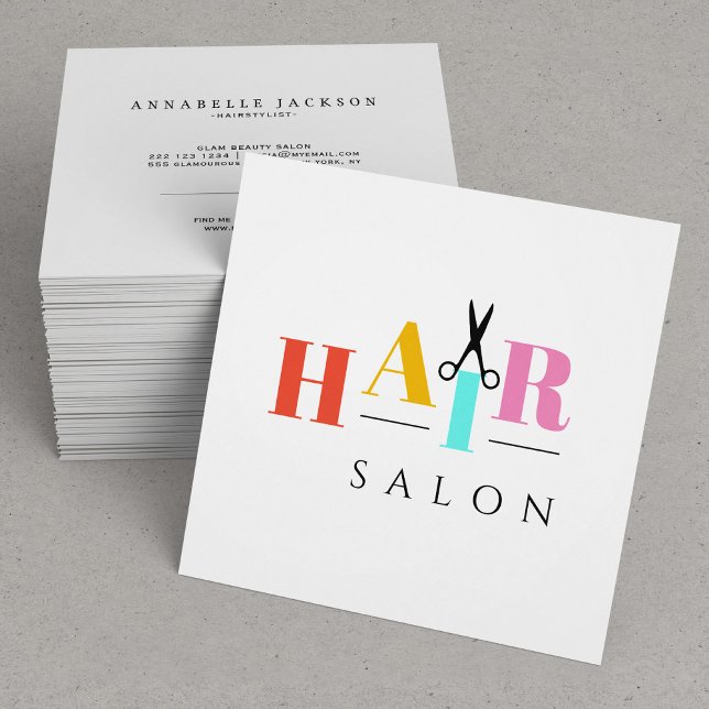 Hair salon big typography scissors hairstylist square business card (Creator Uploaded)