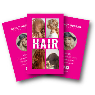 Hair Salon Calligraphy  Photo Collage Hot Pink  Business Card
