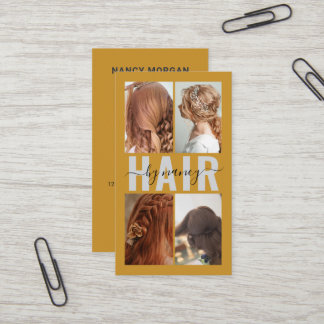 Hair Salon Calligraphy Photo Collage Mustard Business Card