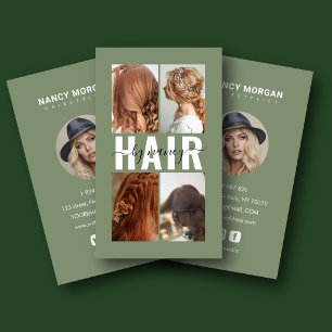 Hair Salon Calligraphy  Photo Collage Sage Green  Business Card