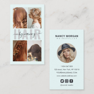 Hair Salon Calligraphy Script Photo Collage Blue Business Card