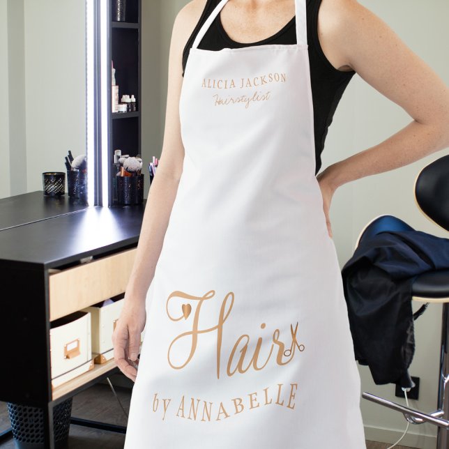 Hair salon employee personalised white and gold apron (Creator Uploaded)