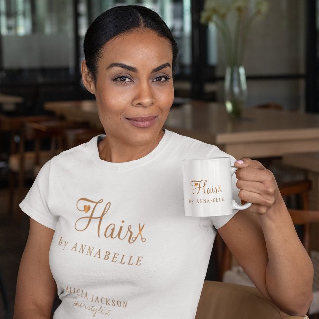 Hair salon employee personalised white and gold T-Shirt (The coffee mug can be purchased separately)