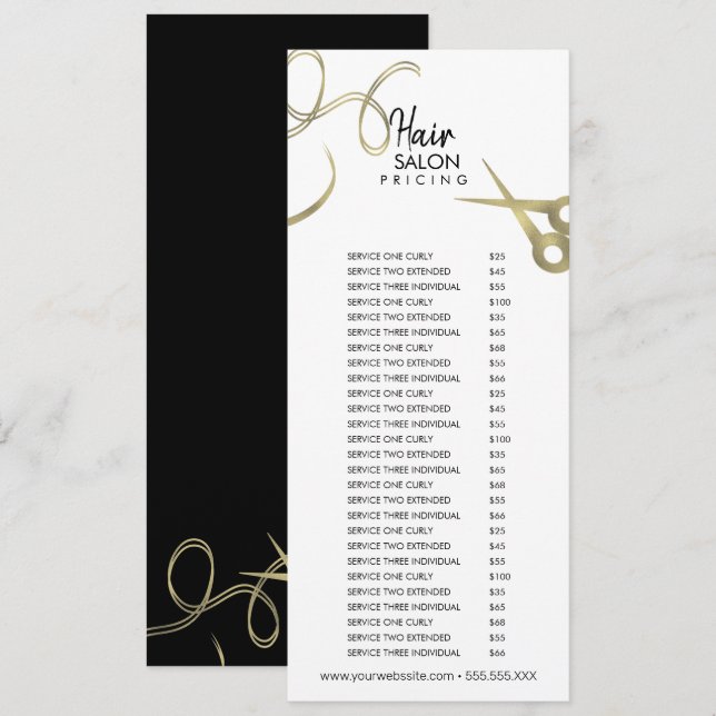 Hair Salon Flyer Pricing List Gold Black Menu Invitation (Front/Back)