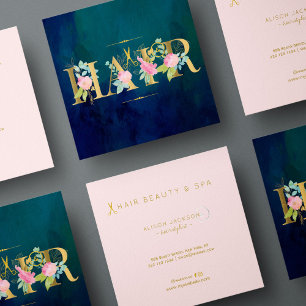 Hair salon gold blush pink navy luxury glam square business card