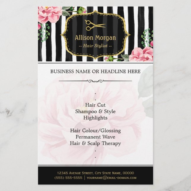 Hair Salon Gold Glitter Black White Floral Flyer (Front)